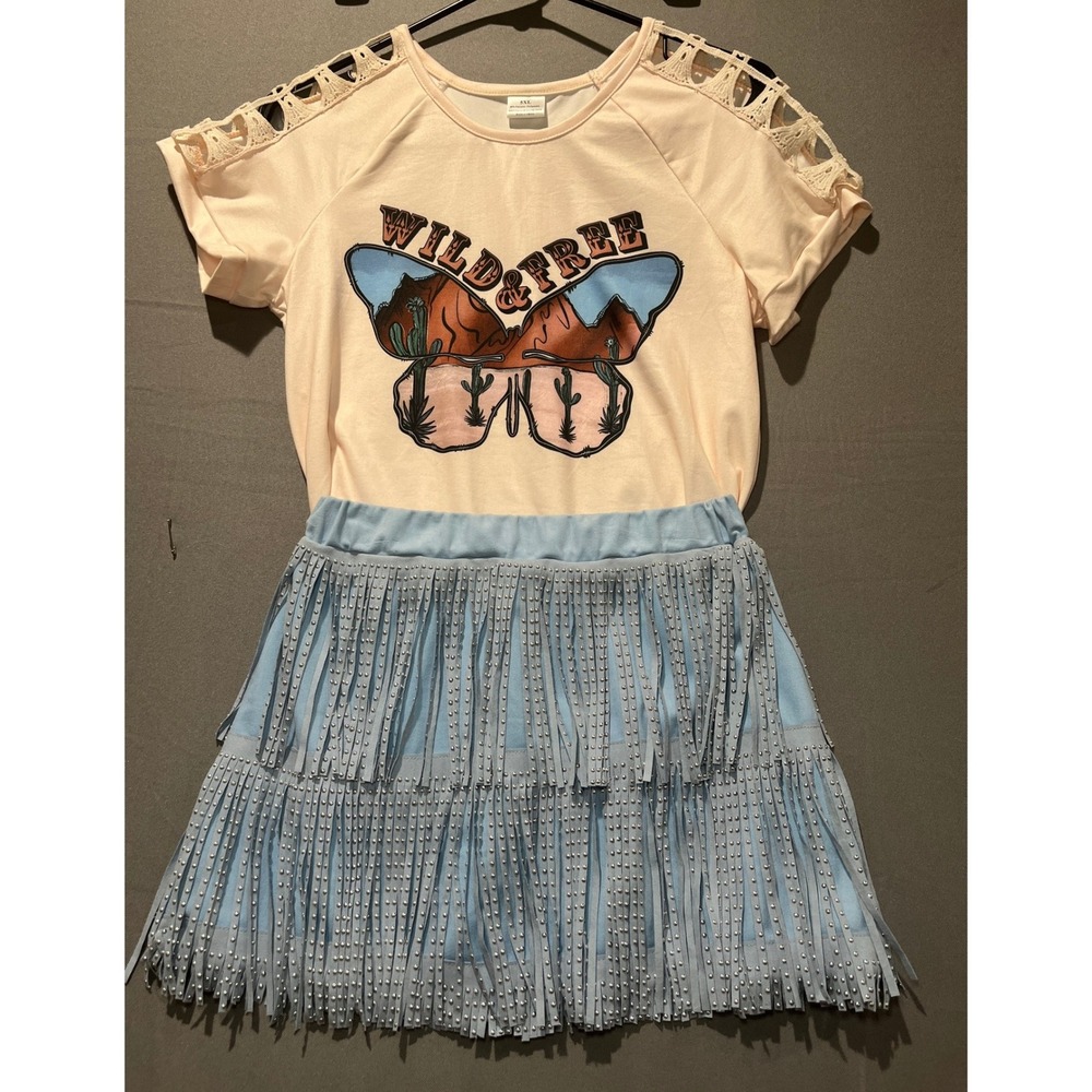 Wild & Free Butterfly Graphic Tee and Studded Fringe Skirt Set Kids 5XL